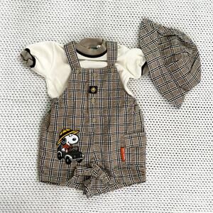 Baby Snoopy Safari Brown Grid Plaid Cargo Overalls Tee Shirt Bucket Hat 6-9M Y2K